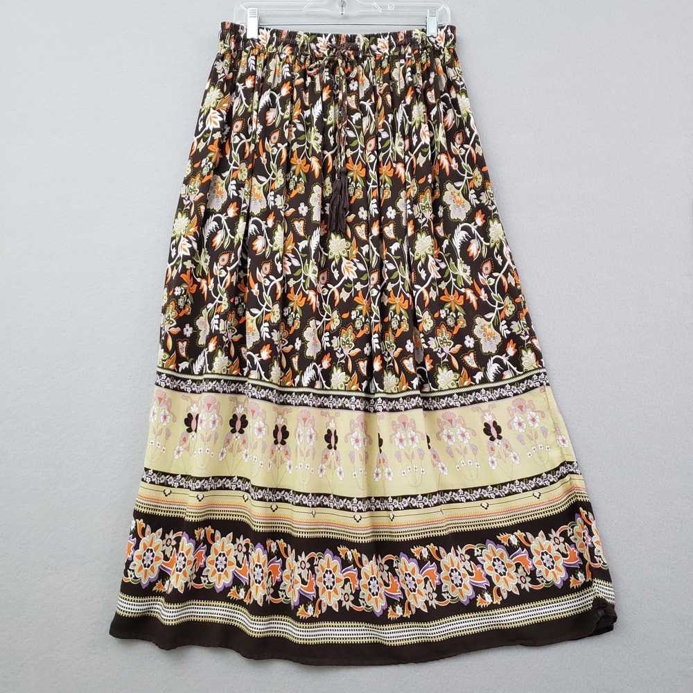 Gypsy Blu Women L Brown Floral Boho Rayon Maxi Skirt Lined Elastic Waist READ‎